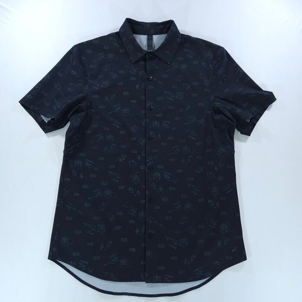 Lululemon Airing Easy Short Sleeve Button Down Shirt Mens Medium Black Print